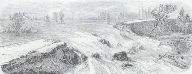 L’image représente la rupture de la digue de Conneuil (8km avant Tours) le 27 septembre 1866