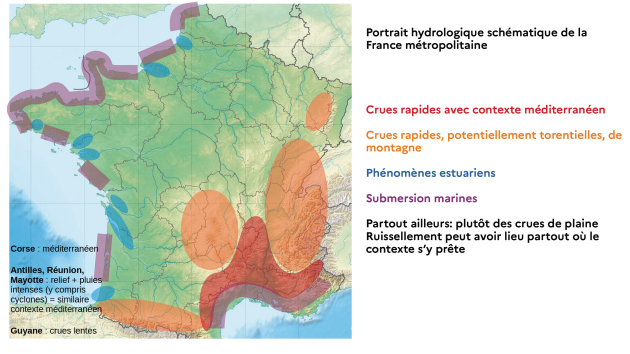 L’image présente un portrait hydrologique shématique de la France métropolitaine. Les crues rapides sont concentrées sur le portour méditerranéen, les crues rapides potentiellement torentielles sur les zone de montagne.